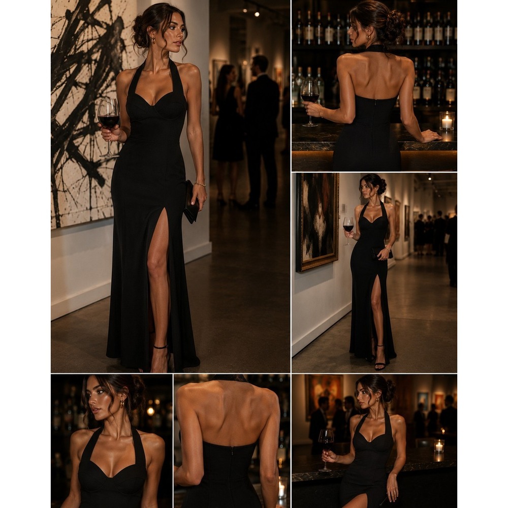 Vintage Rampage Y2K Black Halter Maxi Evening Gown Open Back High Slit Made USA